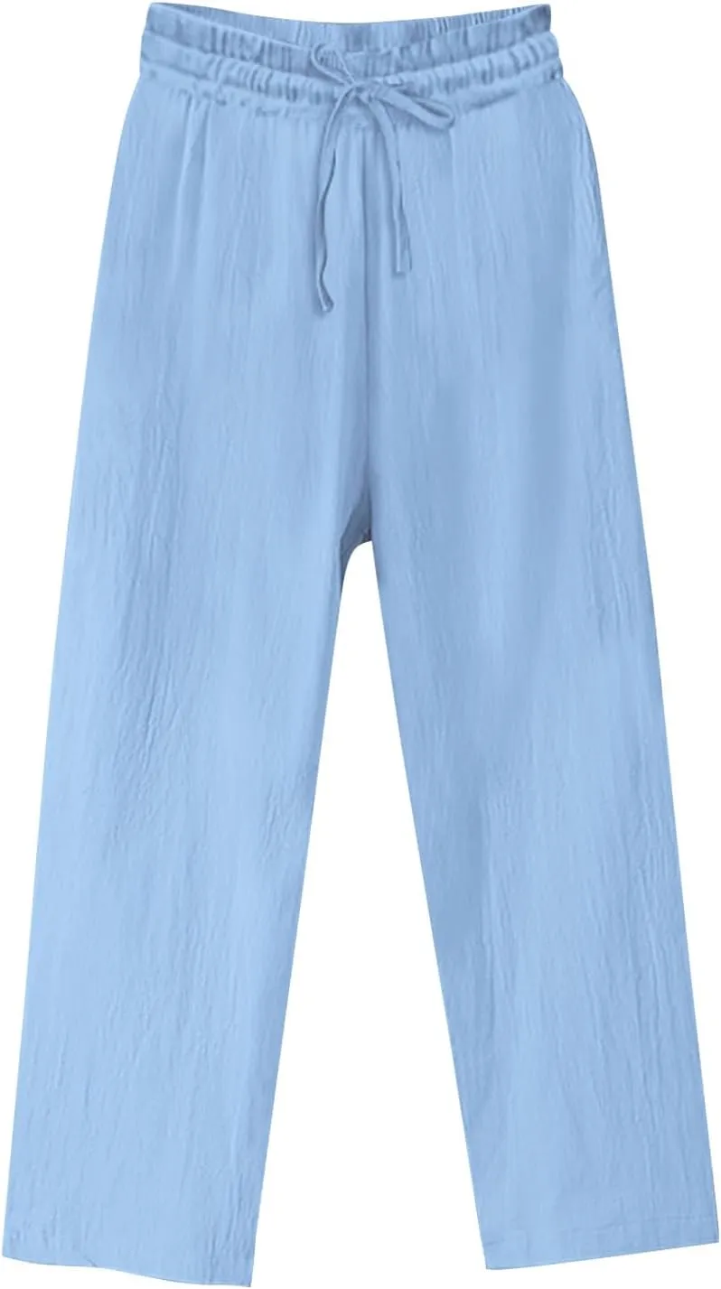 Women Cotton Linen Casual Pants, Summer Lightweight Loose Going Out Trendy Clothes Fashion Breathable Vacation Trousers