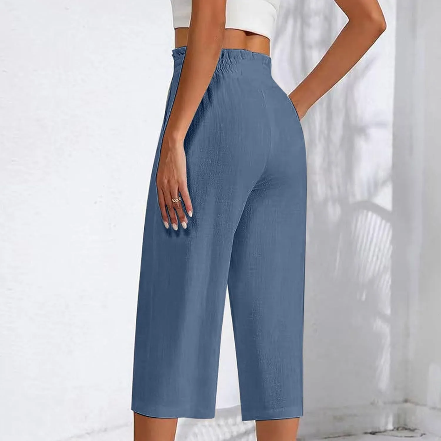 Women Cotton Linen Summer Boho Palazzo Pants Elastic Waist Bootcut Loose Fit Pant Trousers Business Work