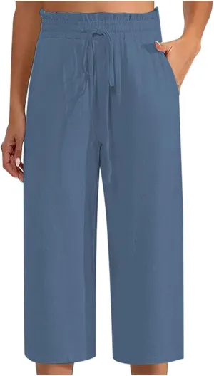 Women Cotton Linen Summer Boho Palazzo Pants Elastic Waist Bootcut Loose Fit Pant Trousers Business Work