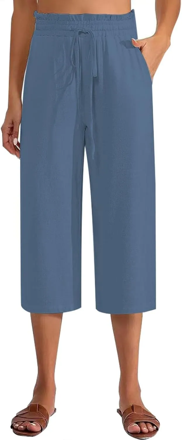 Women Cotton Linen Summer Boho Palazzo Pants Elastic Waist Bootcut Loose Fit Pant Trousers Business Work