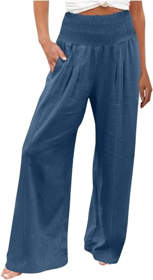 Women Cotton Linen Summer Fashion Palazzo Pants Elastic Waisted Stretchy Plus Size Palazzo Lounge Pants Beach