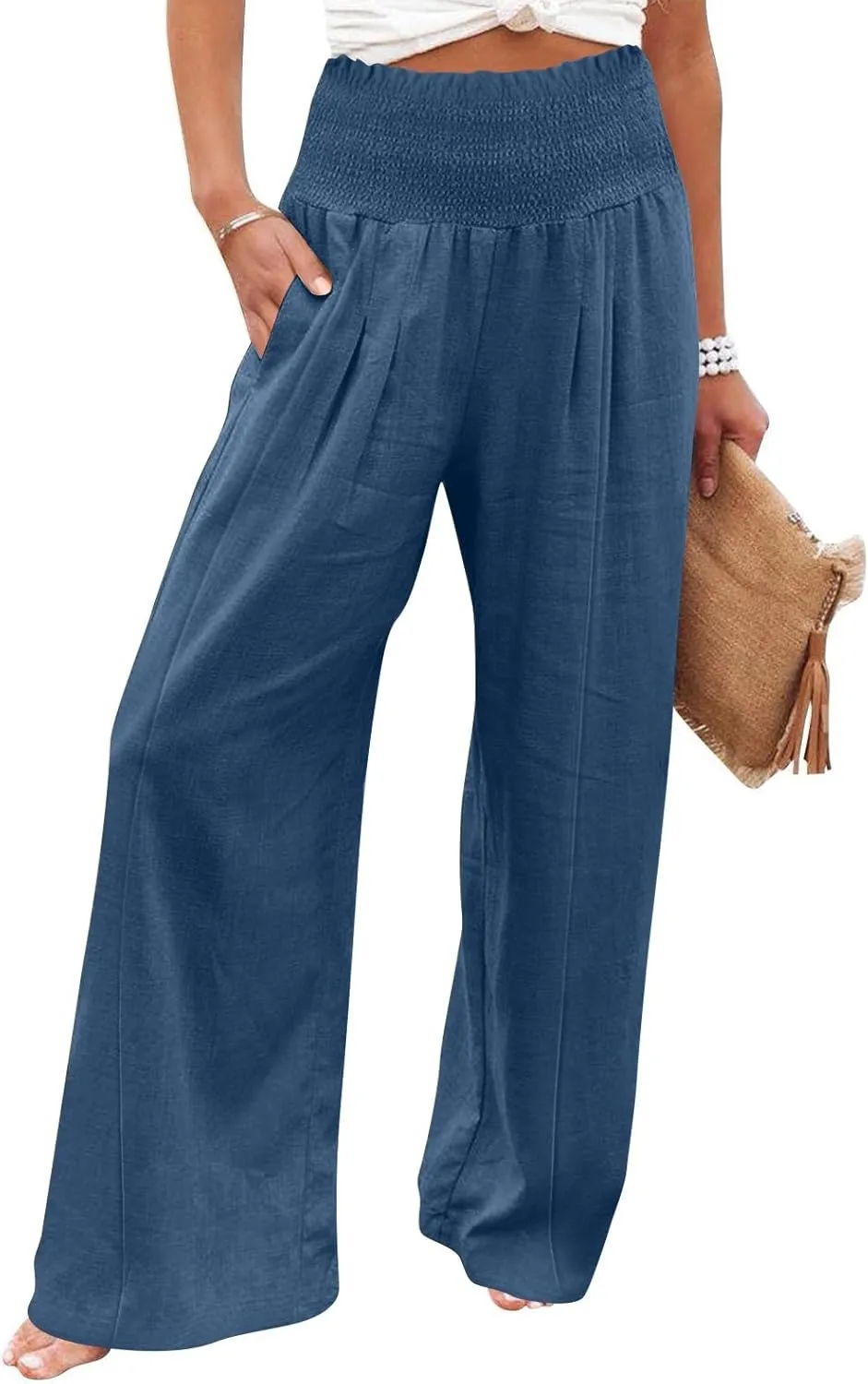 Women Cotton Linen Summer Fashion Palazzo Pants Elastic Waisted Stretchy Plus Size Palazzo Lounge Pants Beach