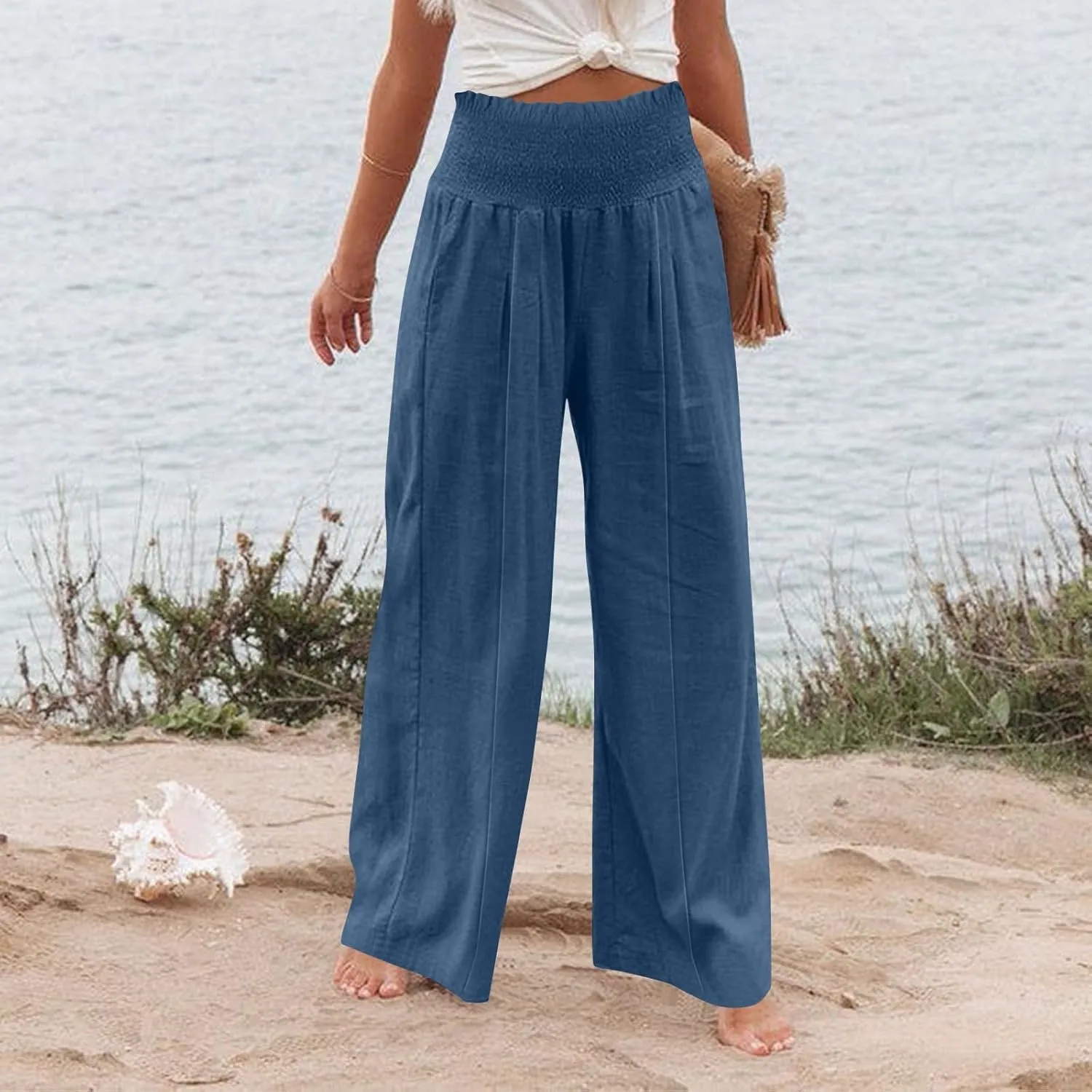 Women Cotton Linen Summer Fashion Palazzo Pants Elastic Waisted Stretchy Plus Size Palazzo Lounge Pants Beach