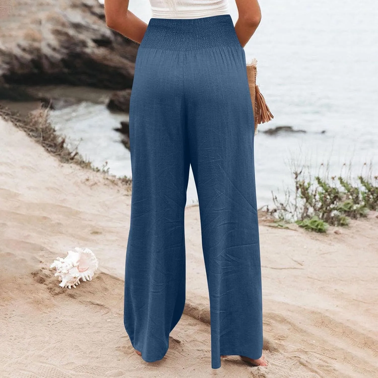 Women Cotton Linen Summer Fashion Palazzo Pants Elastic Waisted Stretchy Plus Size Palazzo Lounge Pants Beach