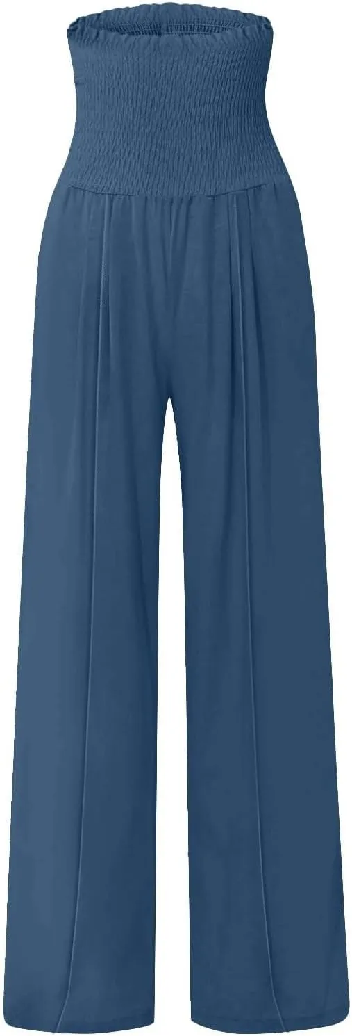 Women Cotton Linen Summer Fashion Palazzo Pants Elastic Waisted Stretchy Plus Size Palazzo Lounge Pants Beach