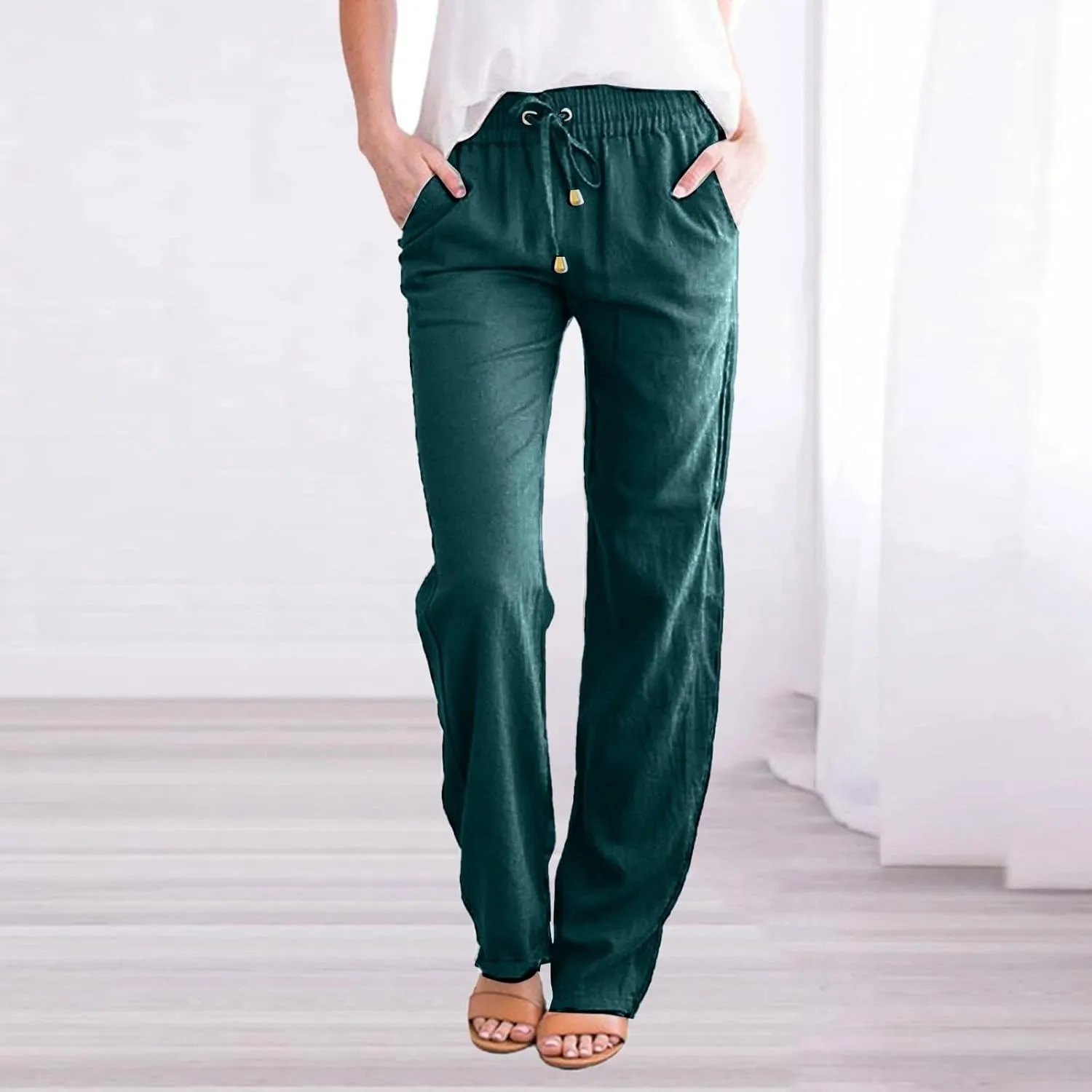 Women Cotton Linen Summer Fashion Pants Elastic Waist Wide Leg Loose Fit Palazzo Pants Beach