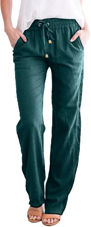 Women Cotton Linen Summer Fashion Pants Elastic Waist Wide Leg Loose Fit Palazzo Pants Beach