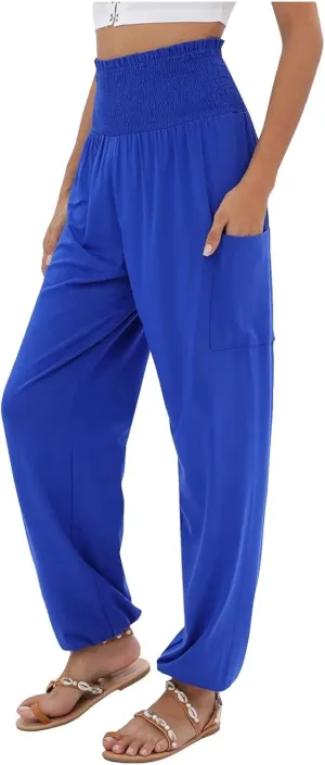 Women Cotton Linen Summer Tie Knot Palazzo Pants Elastic Waist Lounge Pants Plus Size Pants Office