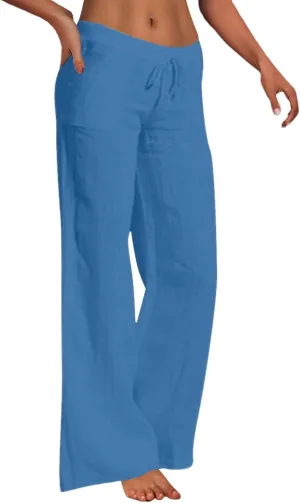 Women Cotton Linen Summer Y2K Fashion Palazzo Lounge Pants High Waist Straight Slim-Fit Trousers Vacation