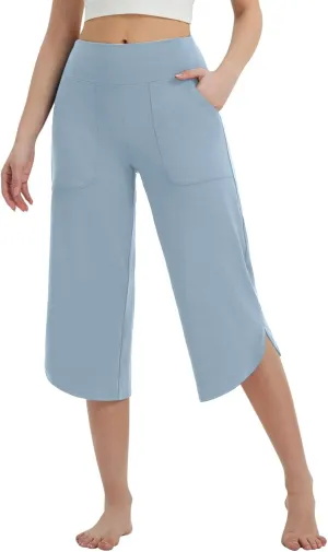 Women Curved Split Hem Capri Pant Summer Casual Loose Yoga Workout Pants Elastic High Waist Crop Trousers for Gym Running