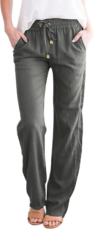 Women Fashion Summer Straight Pants Cotton Linen Solid Color Trousers Wide Leg Long Pants Plus Size Pants with