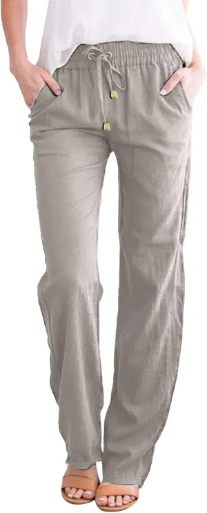 Women Fashion Summer Straight Pants Cotton Linen Solid Color Trousers Wide Leg Long Pants Plus Size Pants with