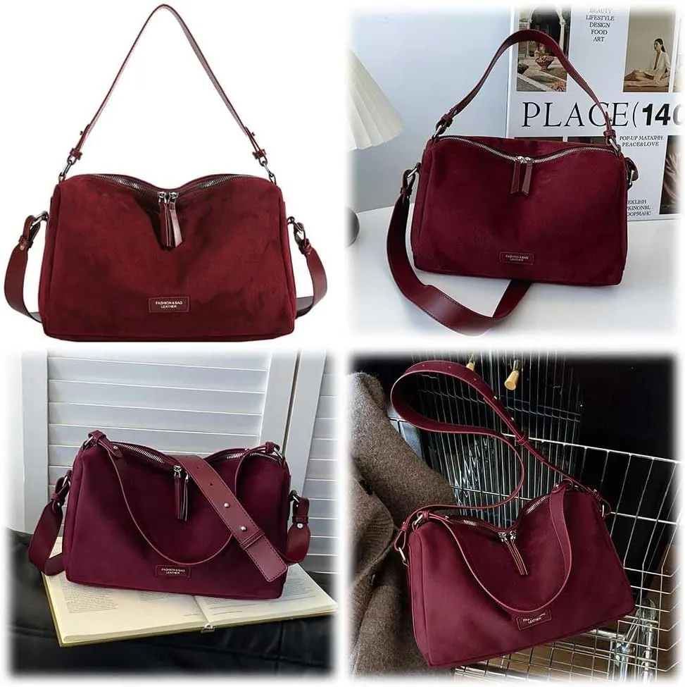 Women Faux Suede Fashion Shoulder Bag Large Capacity Stylish Messenger Bag Adjustable Strap Vintage Tote Handbag Zip