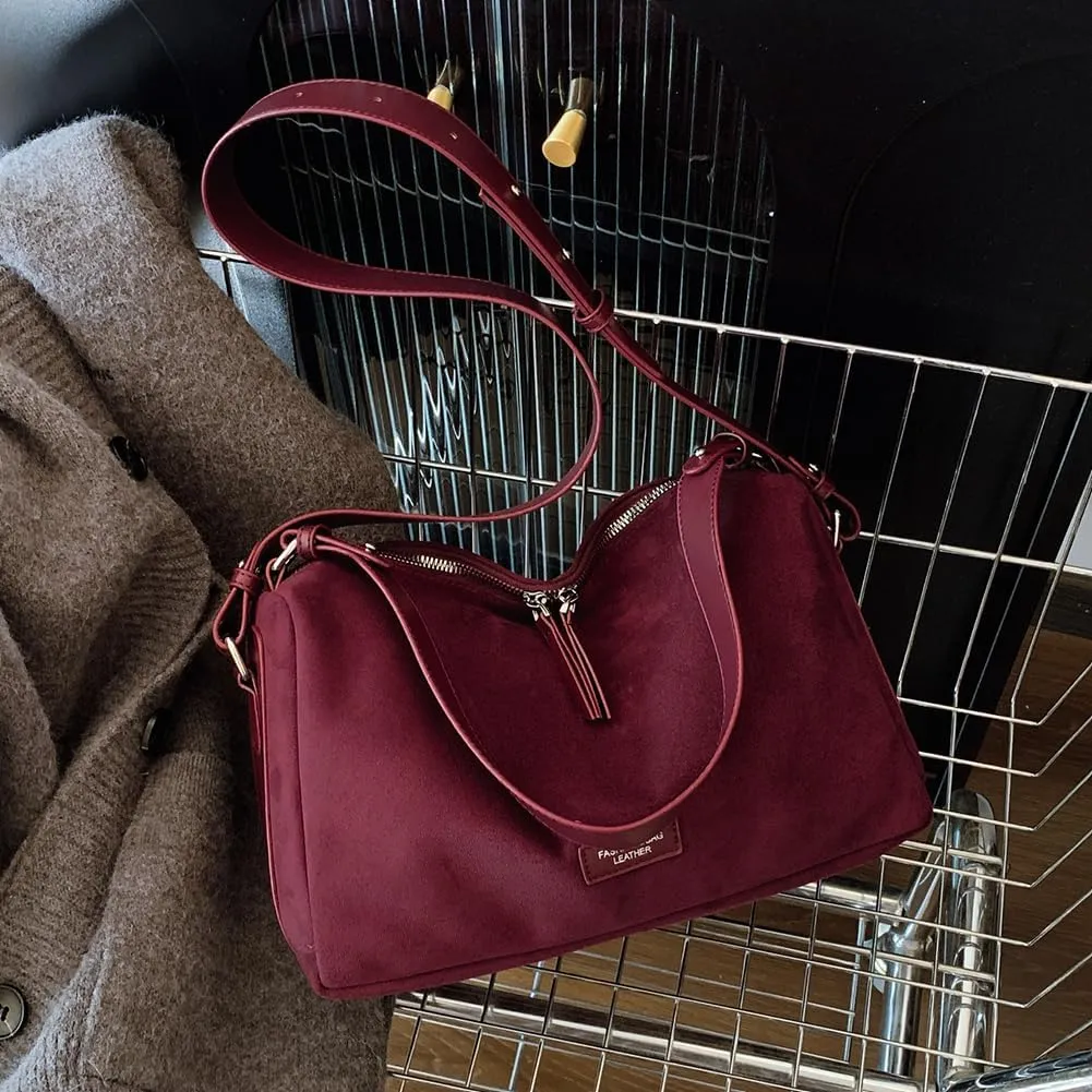 Women Faux Suede Fashion Shoulder Bag Large Capacity Stylish Messenger Bag Adjustable Strap Vintage Tote Handbag Zip