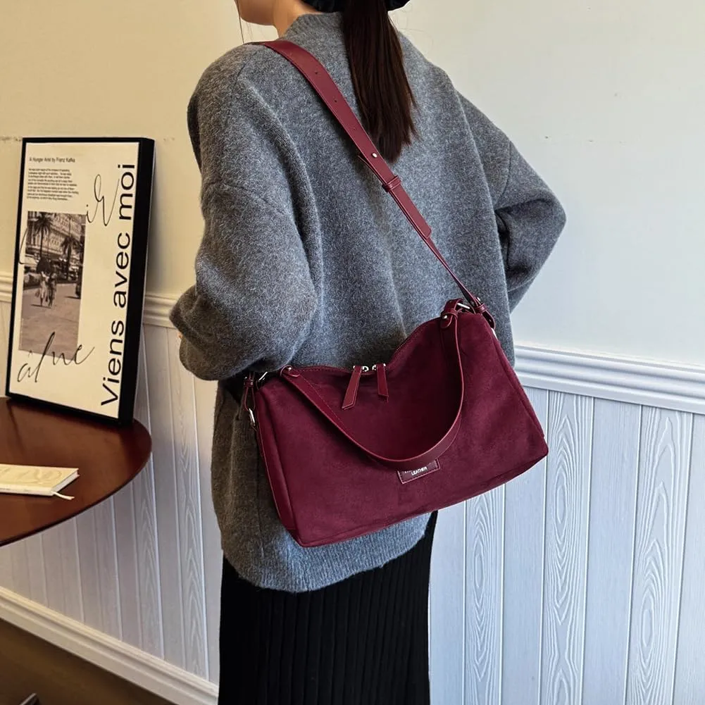 Women Faux Suede Fashion Shoulder Bag Large Capacity Stylish Messenger Bag Adjustable Strap Vintage Tote Handbag Zip