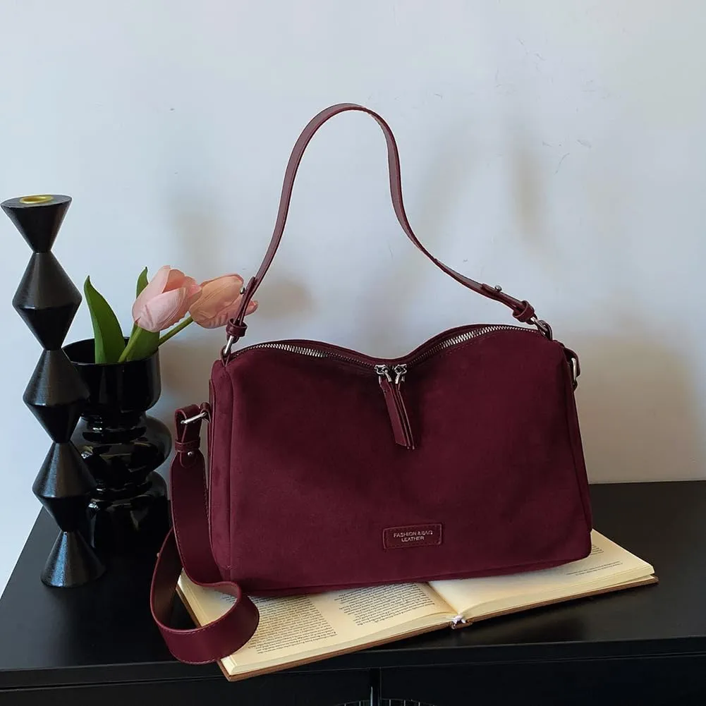Women Faux Suede Fashion Shoulder Bag Large Capacity Stylish Messenger Bag Adjustable Strap Vintage Tote Handbag Zip