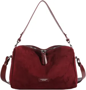 Women Faux Suede Fashion Shoulder Bag Large Capacity Stylish Messenger Bag Adjustable Strap Vintage Tote Handbag Zip