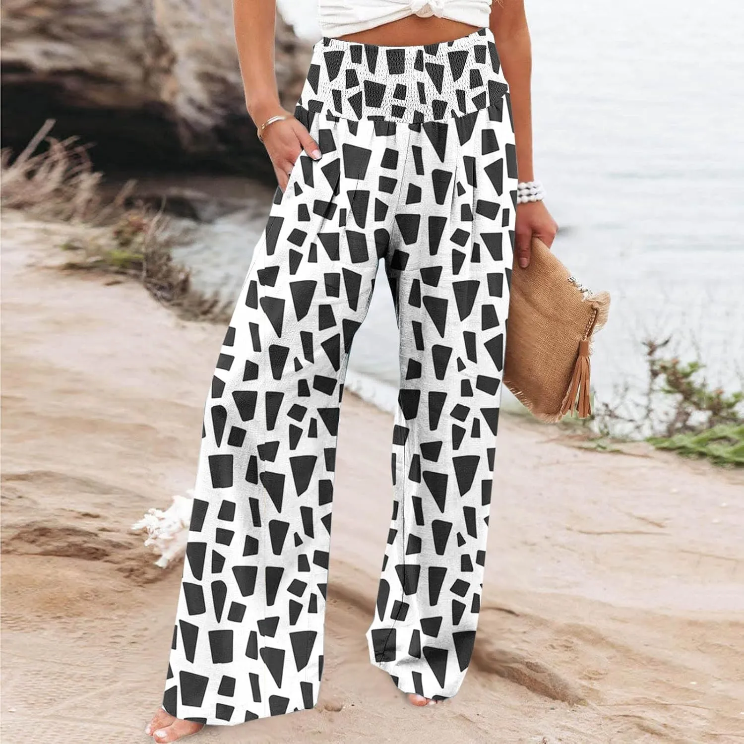 Women Floral Print Linen Palazzo Pants Summer Boho Wide Leg High Waist Lounge Pant Beach Travel Vacation Outfits