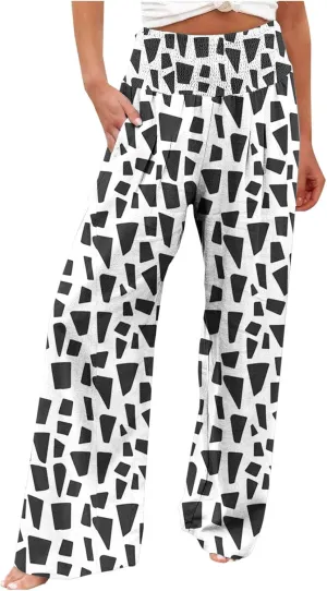 Women Floral Print Linen Palazzo Pants Summer Boho Wide Leg High Waist Lounge Pant Beach Travel Vacation Outfits
