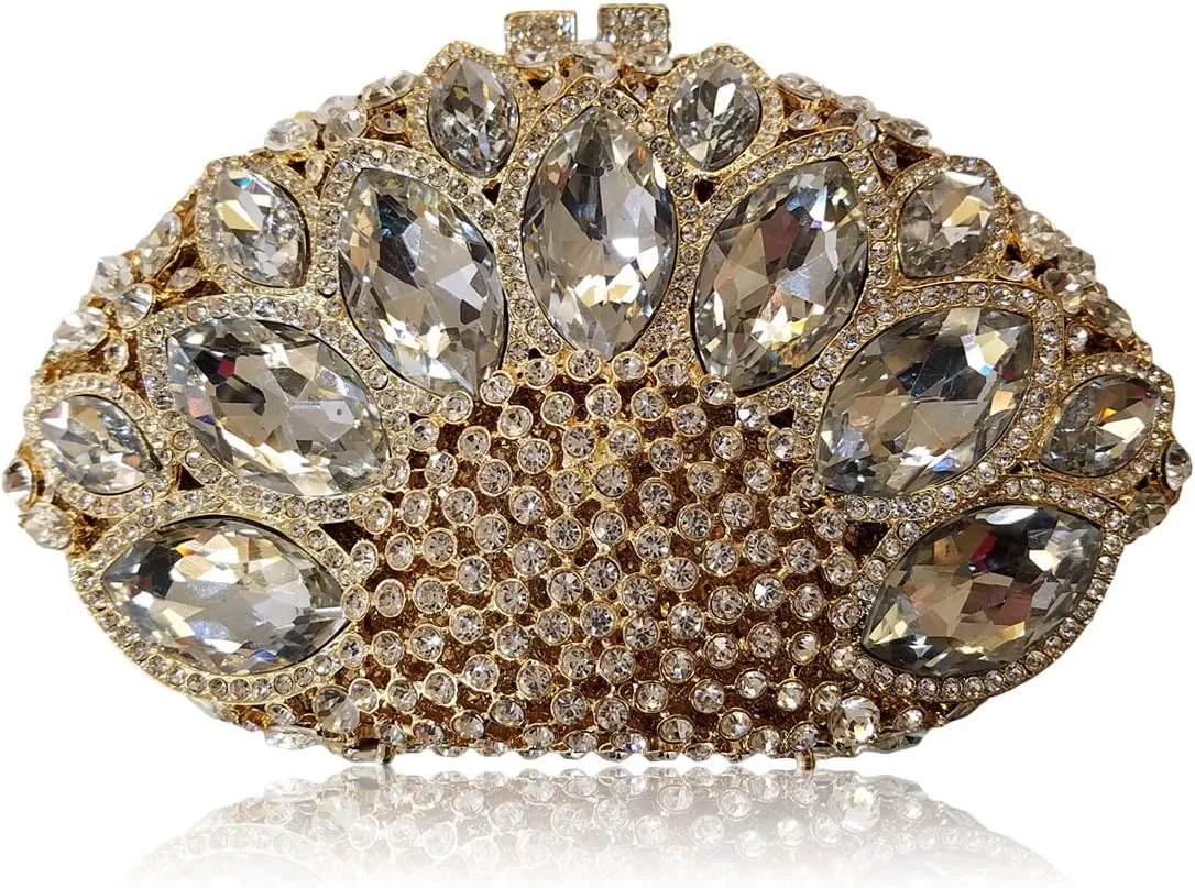 Women Gemstone Handbag Rhinestones Sector Shape Wedding Evening Clutch Purse