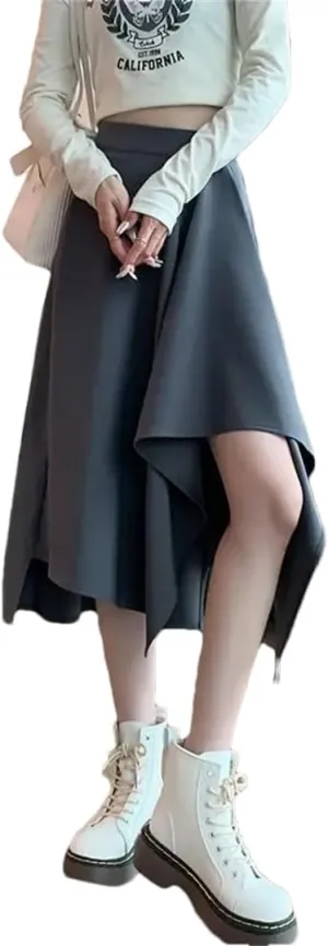 Women High Waisted Summer Sagging Sensation Midi Skirt Slim Irregular Solid Color Pleated Skirt