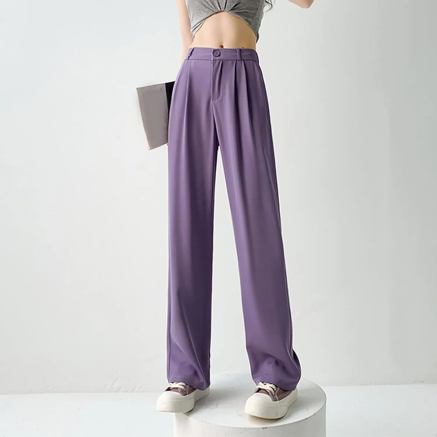 Women Linen Blend Summer Cropped Palazzo Lounge Pants Elastic Waisted Lounge Pants Slim-Fit Trousers Office