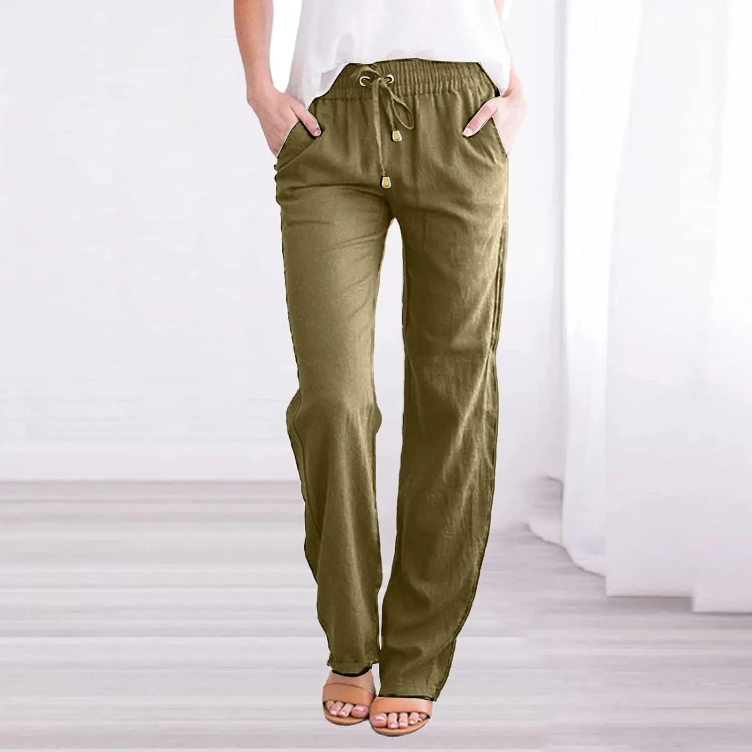 Women Linen Blend Summer Drawstring Palazzo Lounge Pants Low Waist Ankle Length Plus Size Pant Trousers Trendy
