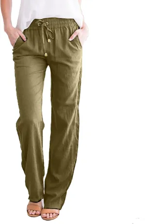 Women Linen Blend Summer Drawstring Palazzo Lounge Pants Low Waist Ankle Length Plus Size Pant Trousers Trendy