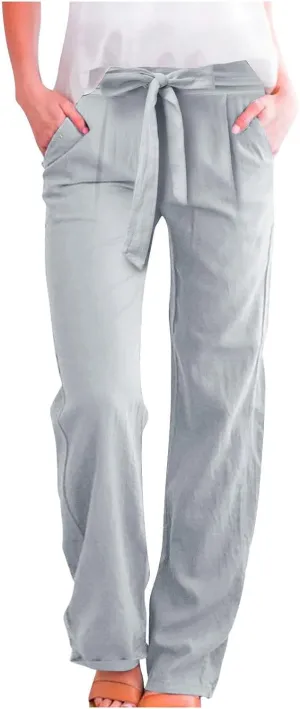 Women Linen Blend Summer Drawstring Pants Elastic Waist Bootcut Plus Size Pant Trousers Vacation