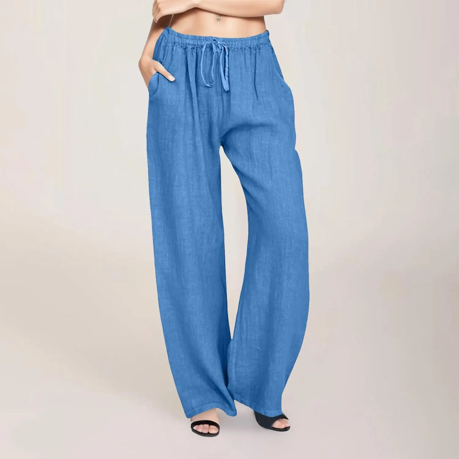 Women Linen Blend Summer Loose Flowy Palazzo Lounge Pants High Waist Bootcut Slim-Fit Trouser Work Business