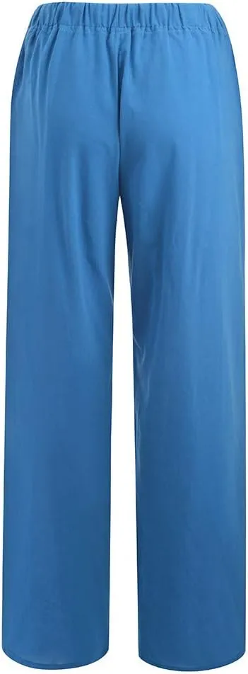Women Linen Blend Summer Loose Flowy Palazzo Lounge Pants High Waist Bootcut Slim-Fit Trouser Work Business