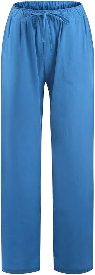Women Linen Blend Summer Loose Flowy Palazzo Lounge Pants High Waist Bootcut Slim-Fit Trouser Work Business