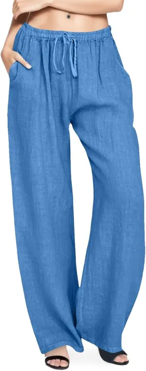 Women Linen Blend Summer Loose Flowy Palazzo Lounge Pants High Waist Bootcut Slim-Fit Trouser Work Business