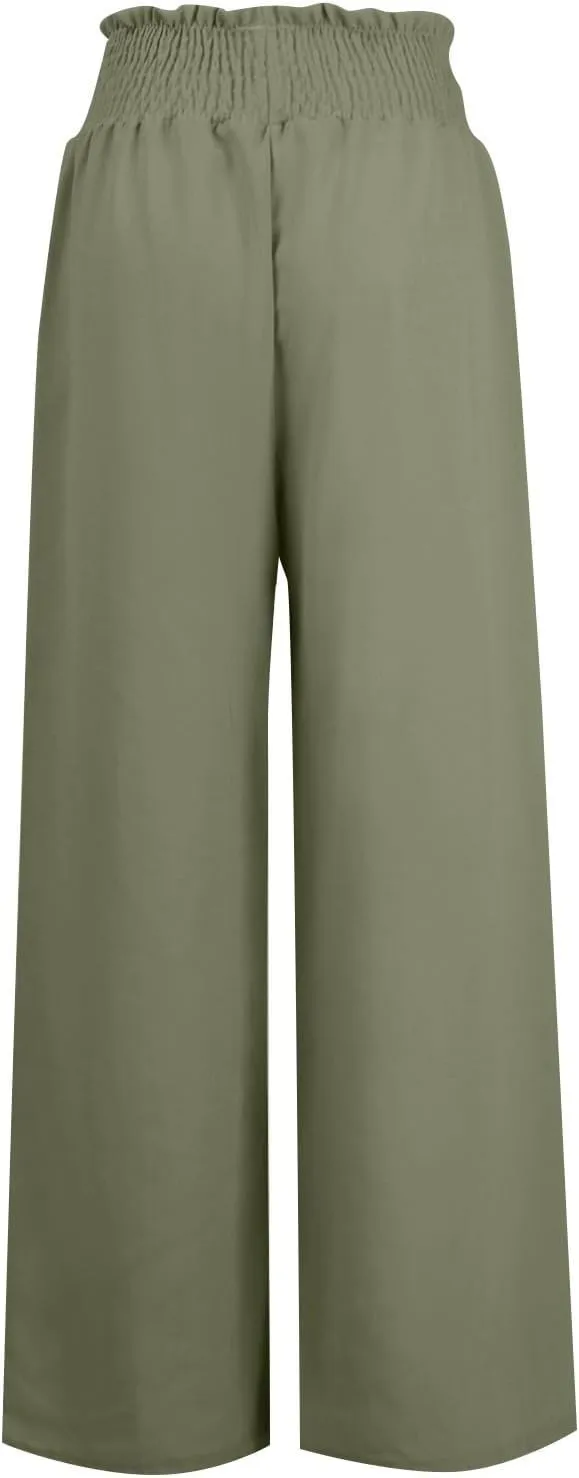 Women Linen Blend Summer Palazzo Pant Trousers Elastic Waist Ankle Length Slim-Fit Palazzo Pants Travel