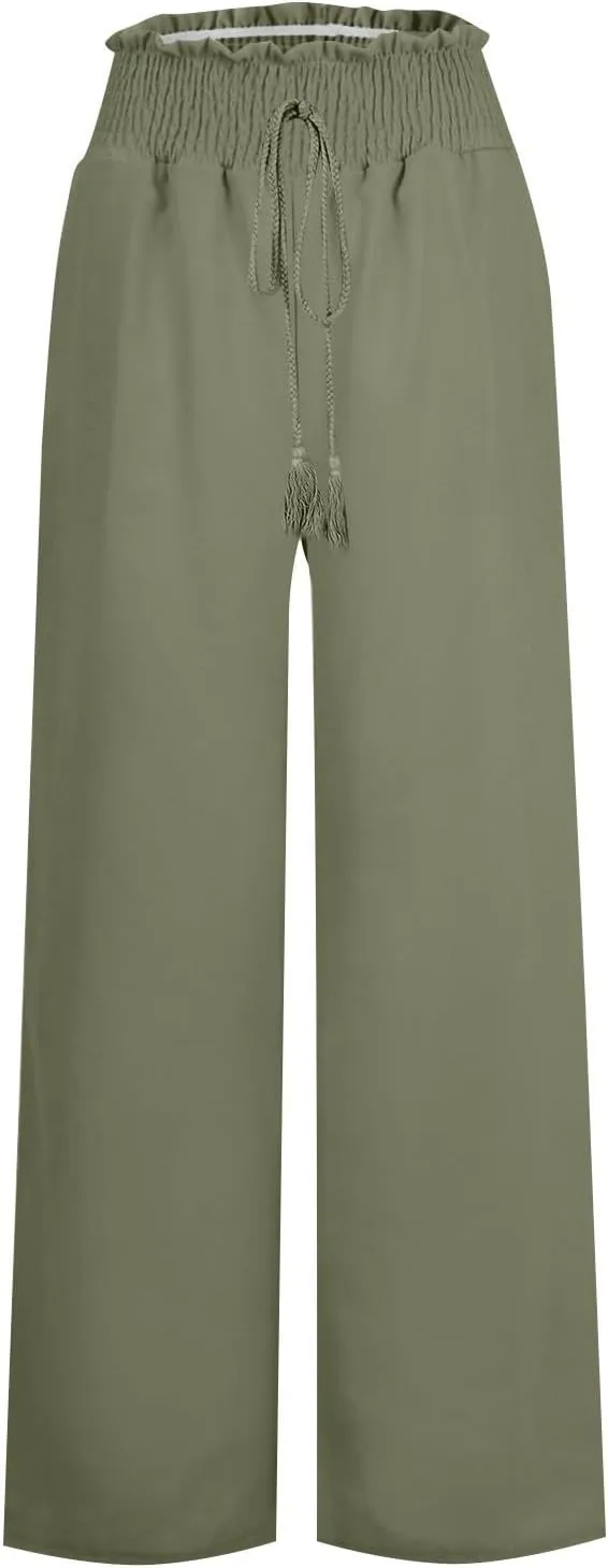 Women Linen Blend Summer Palazzo Pant Trousers Elastic Waist Ankle Length Slim-Fit Palazzo Pants Travel