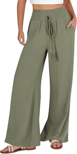 Women Linen Blend Summer Palazzo Pant Trousers Elastic Waist Ankle Length Slim-Fit Palazzo Pants Travel