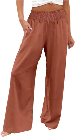 Women Linen Blend Summer Split Flowy Palazzo Lounge Pants Elastic Waist Ankle Length Slim-Fit Palazzo Lounge