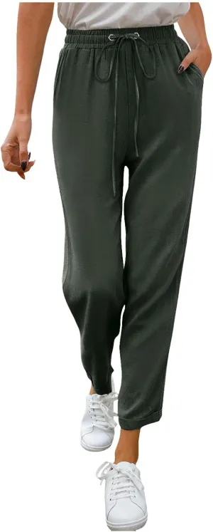 Women Linen Blend Summer Striped Palazzo Pants Elastic Waist Baggy Stretchy Slim-Fit Palazzo Lounge Pants
