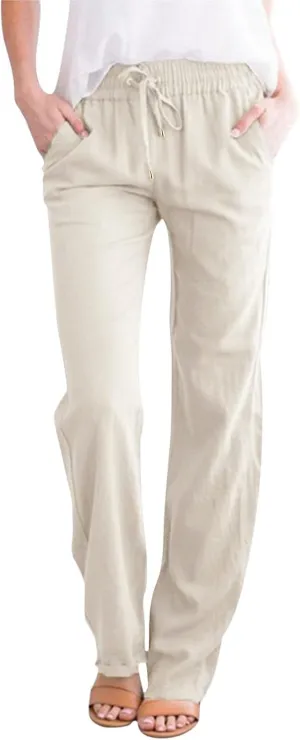 Women Linen Blend Summer Striped Pants Low Waist Bootcut Slim-Fit Trousers Business Work