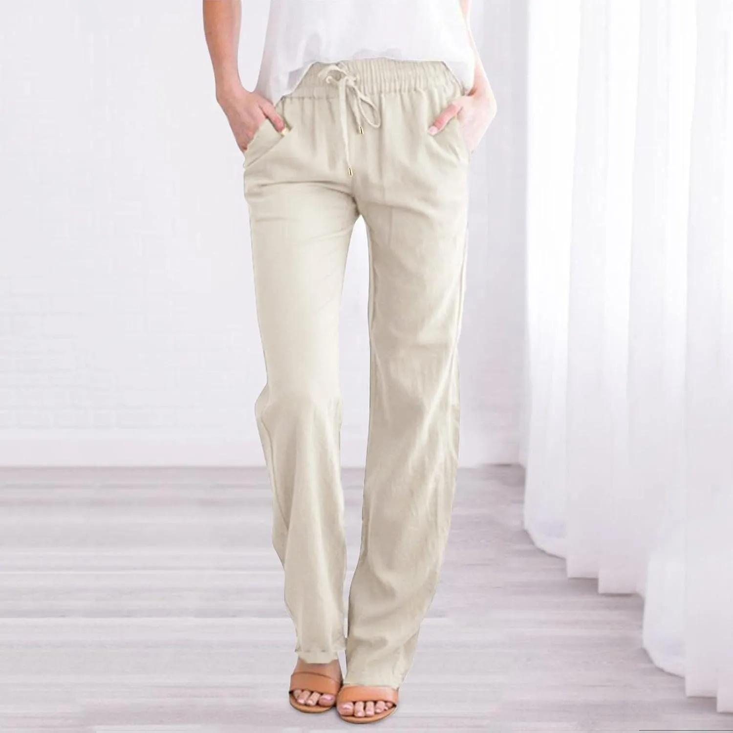 Women Linen Blend Summer Striped Pants Low Waist Bootcut Slim-Fit Trousers Business Work