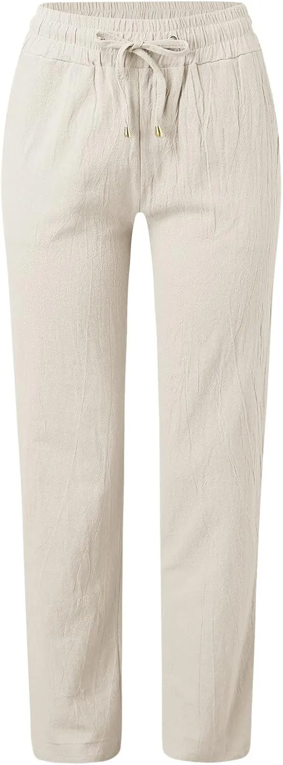 Women Linen Blend Summer Striped Pants Low Waist Bootcut Slim-Fit Trousers Business Work