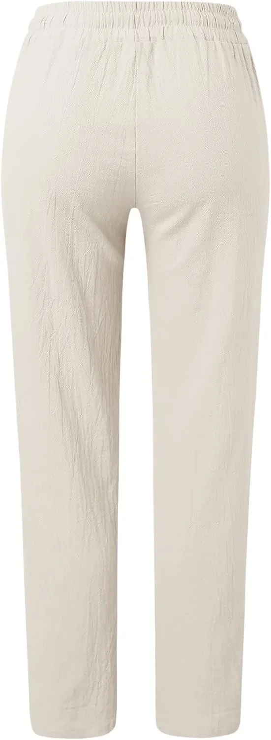 Women Linen Blend Summer Striped Pants Low Waist Bootcut Slim-Fit Trousers Business Work