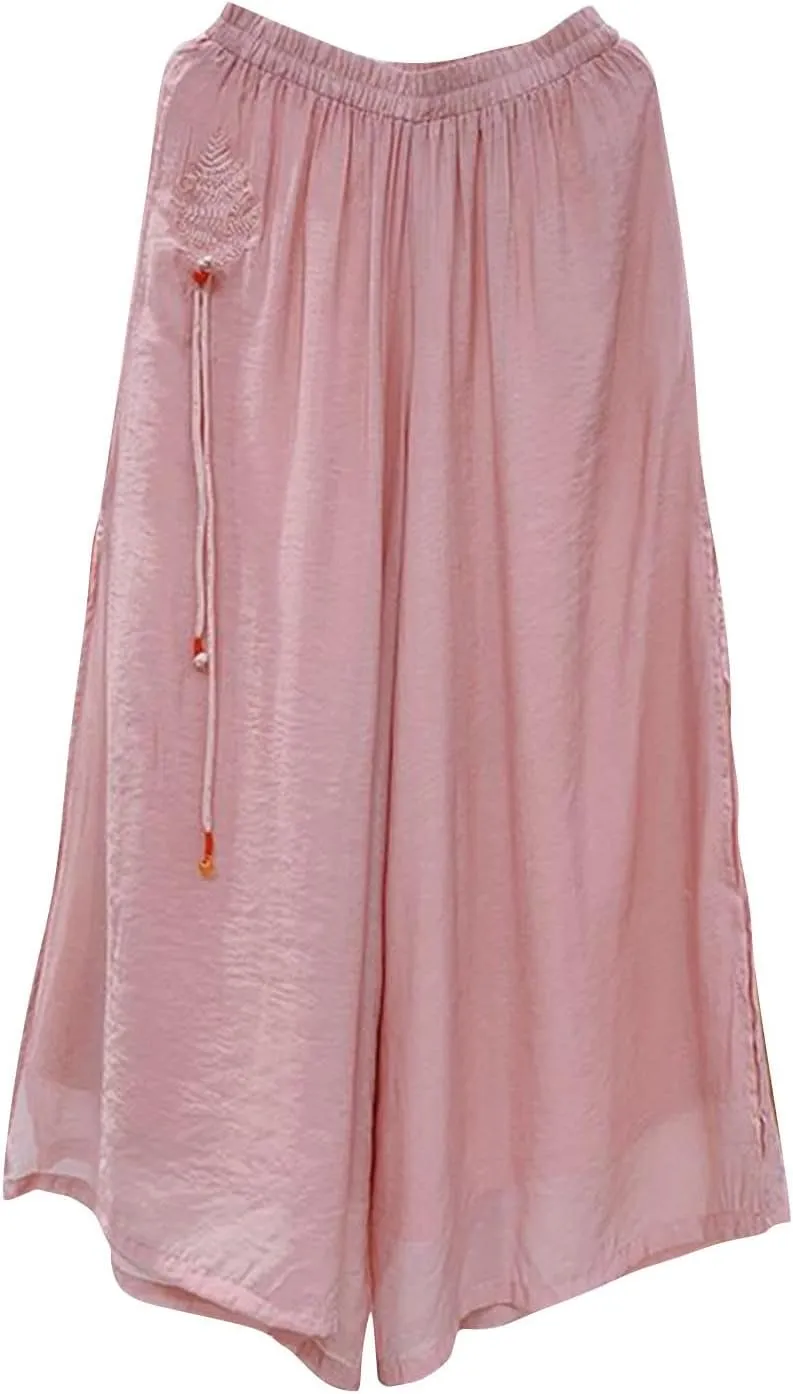 Women Linen Culottes Pants Summer Casual High Waisted Embroidered Baggy Lightweight Trouser Loose Flowy Cropped Slacks