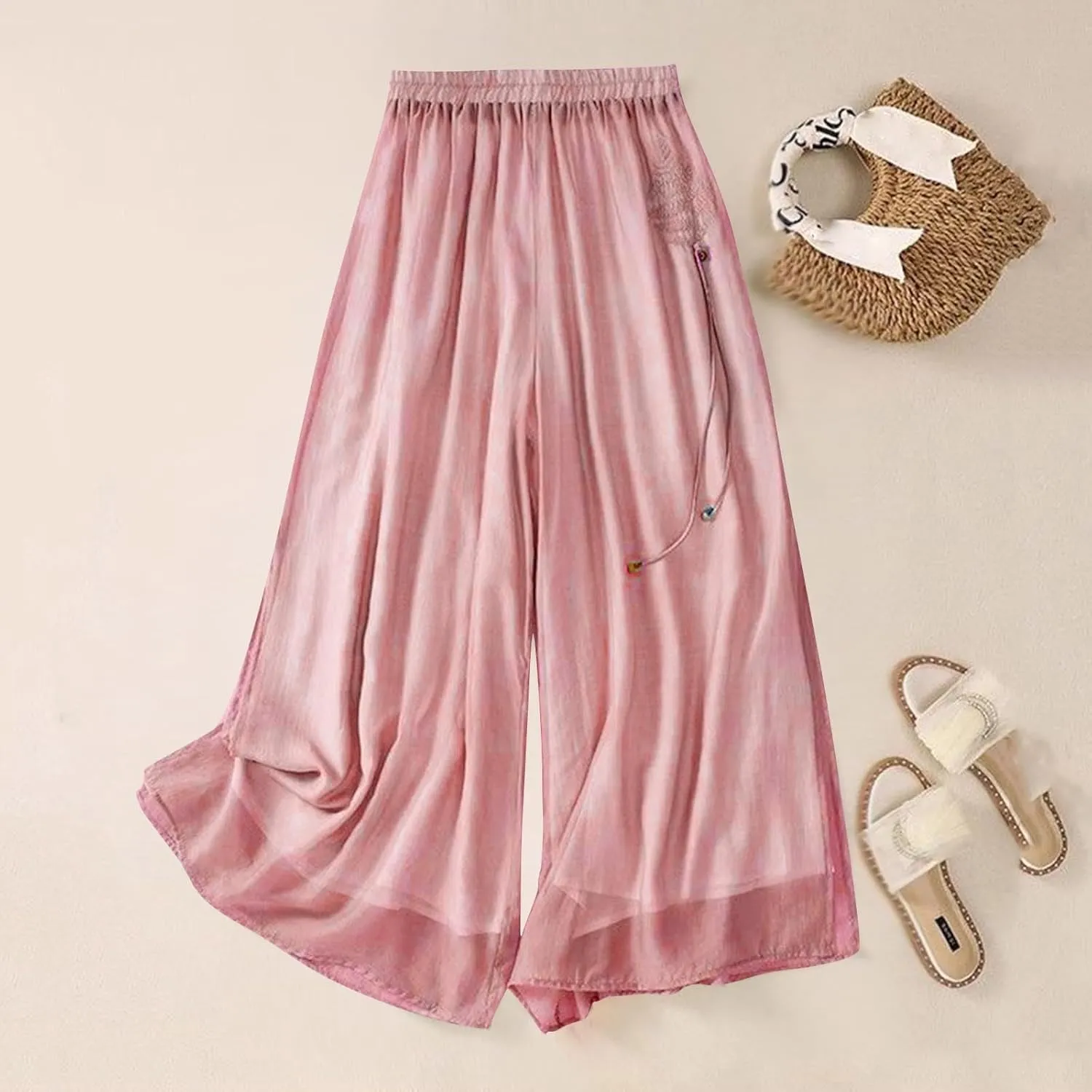 Women Linen Culottes Pants Summer Casual High Waisted Embroidered Baggy Lightweight Trouser Loose Flowy Cropped Slacks
