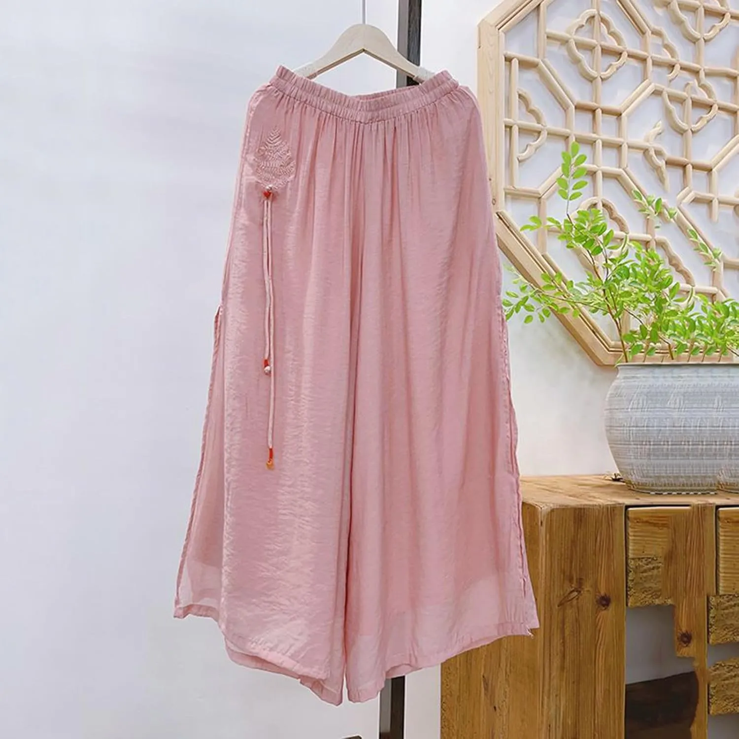 Women Linen Culottes Pants Summer Casual High Waisted Embroidered Baggy Lightweight Trouser Loose Flowy Cropped Slacks