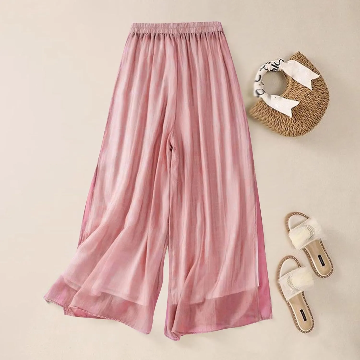Women Linen Culottes Pants Summer Casual High Waisted Embroidered Baggy Lightweight Trouser Loose Flowy Cropped Slacks