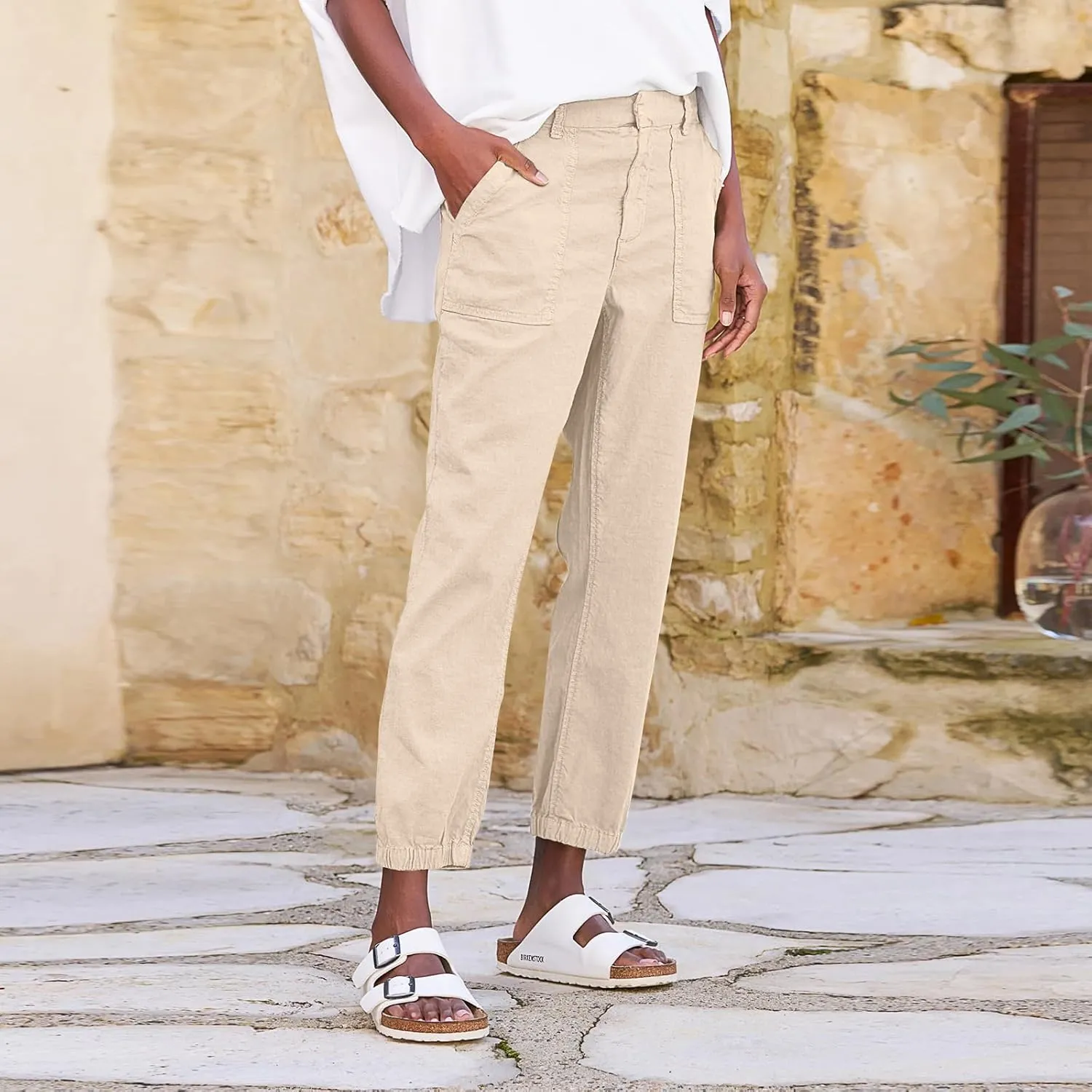 Women Linen Joggers Casual Cropped Linen Pants High Waisted Tapered Leg Jogger with Pockets Ankle Length Chino Pants