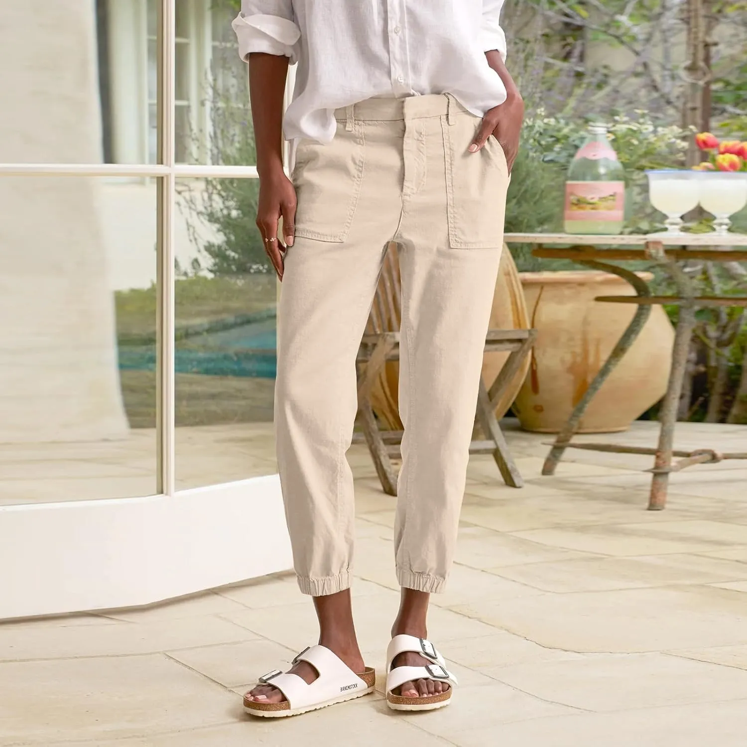 Women Linen Joggers Casual Cropped Linen Pants High Waisted Tapered Leg Jogger with Pockets Ankle Length Chino Pants