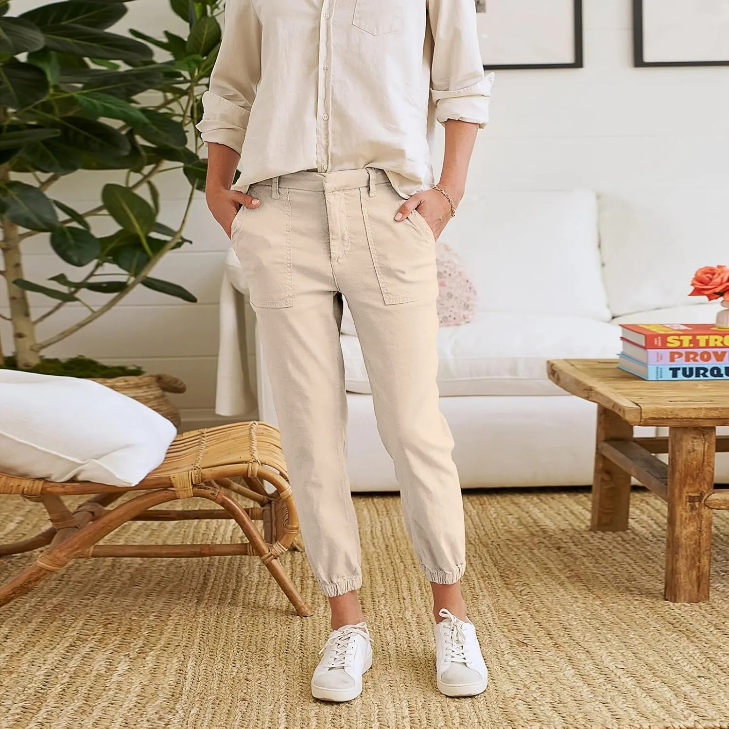Women Linen Joggers Casual Cropped Linen Pants High Waisted Tapered Leg Jogger with Pockets Ankle Length Chino Pants