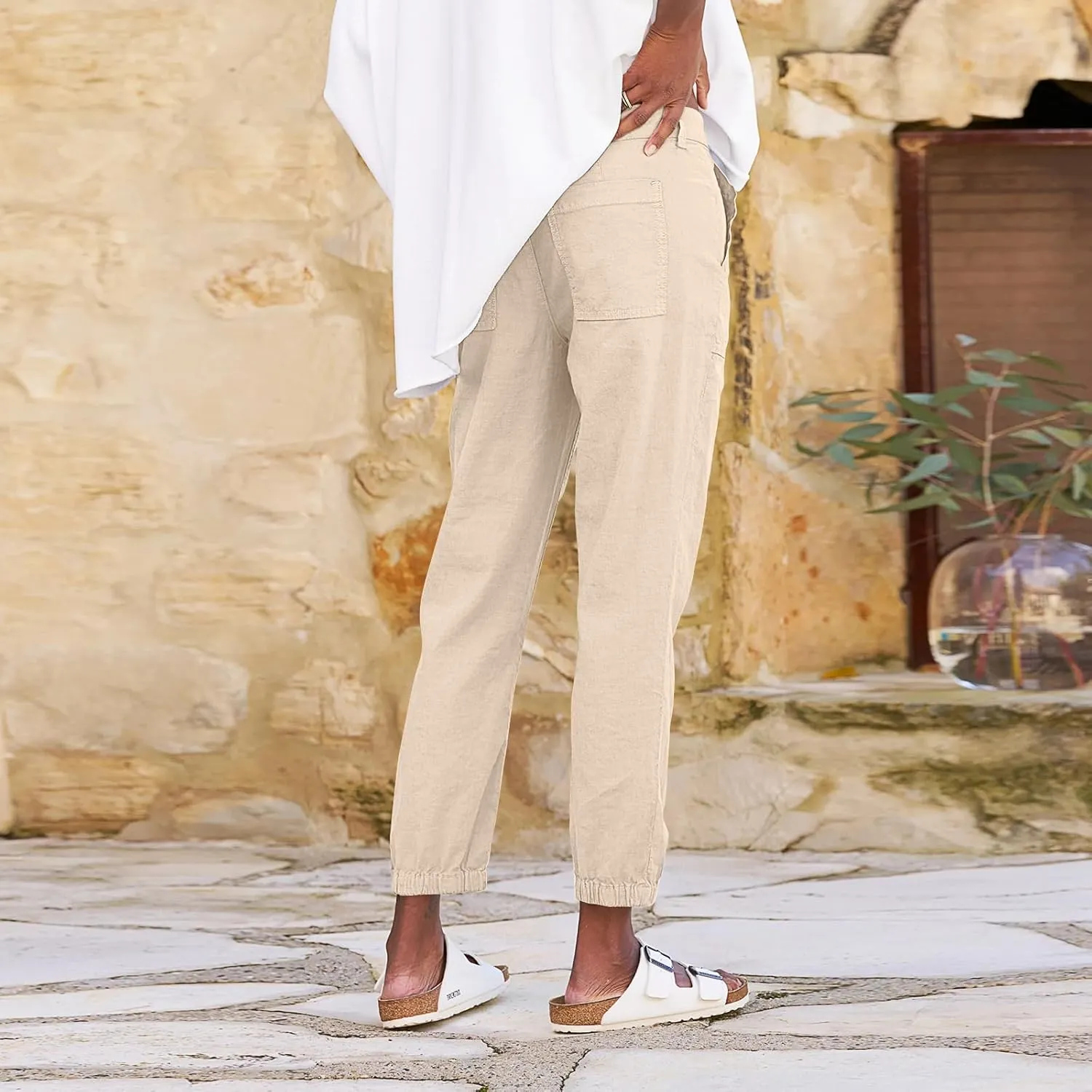 Women Linen Joggers Casual Cropped Linen Pants High Waisted Tapered Leg Jogger with Pockets Ankle Length Chino Pants
